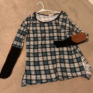Plaid Tunic with Brown Elbow Patches